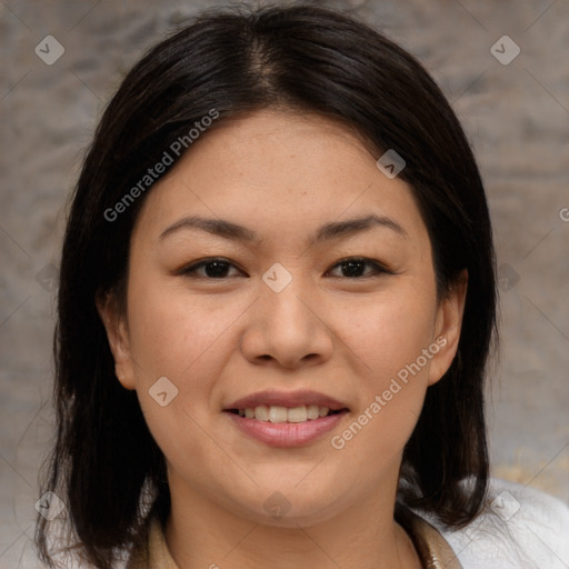 Joyful white young-adult female with medium  brown hair and brown eyes