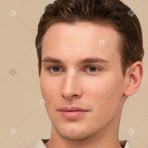 Neutral white young-adult male with short  brown hair and brown eyes