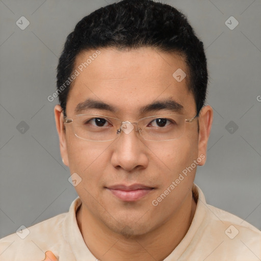 Joyful latino young-adult male with short  brown hair and brown eyes