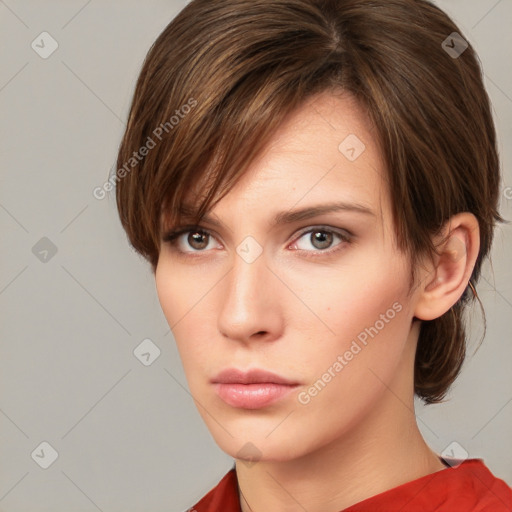 Neutral white young-adult female with medium  brown hair and brown eyes