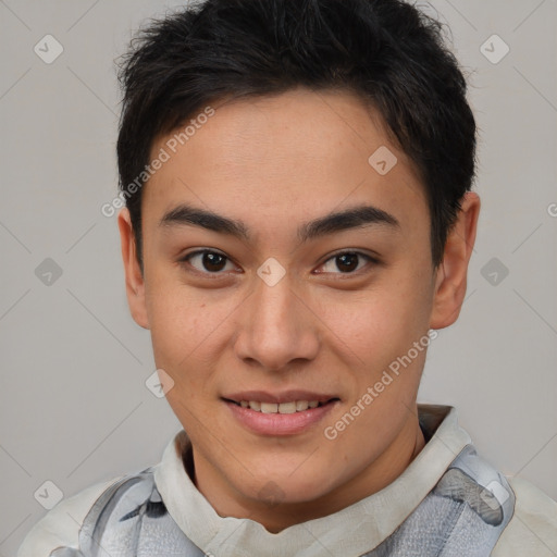 Joyful latino young-adult female with short  brown hair and brown eyes