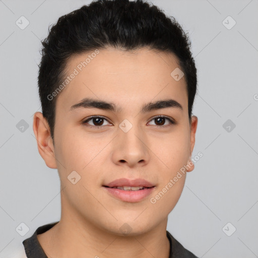 Joyful latino young-adult male with short  brown hair and brown eyes