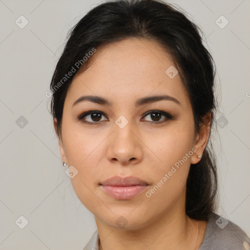 Neutral latino young-adult female with medium  brown hair and brown eyes