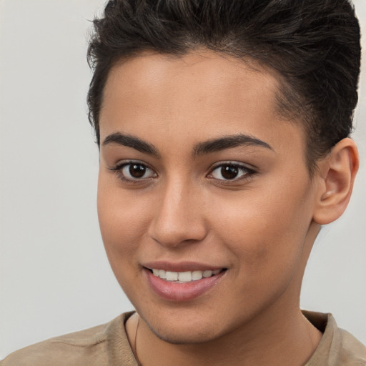 Joyful white young-adult female with short  brown hair and brown eyes