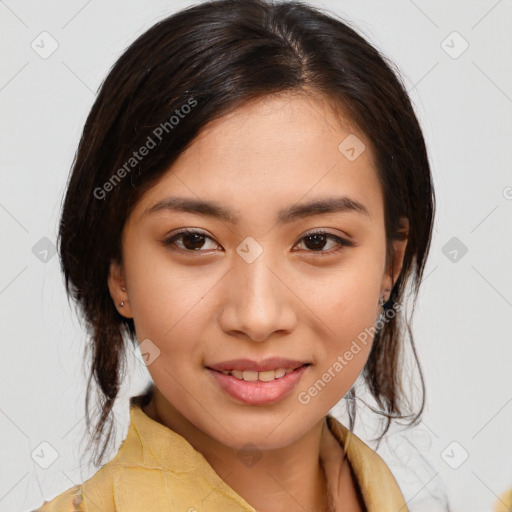 Joyful white young-adult female with medium  brown hair and brown eyes