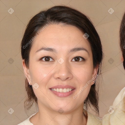 Joyful white young-adult female with medium  brown hair and brown eyes