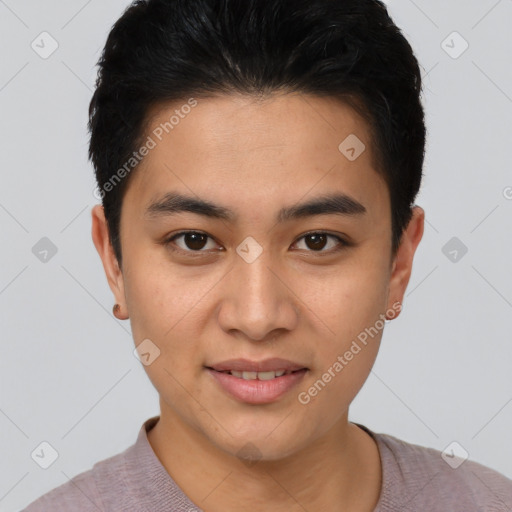 Joyful asian young-adult male with short  brown hair and brown eyes