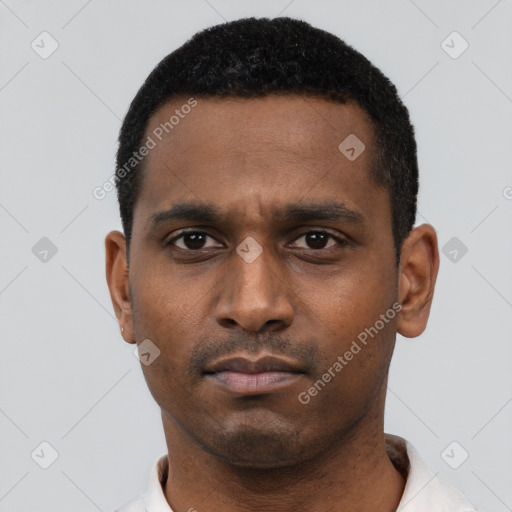 Neutral black young-adult male with short  black hair and brown eyes