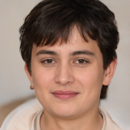 Joyful white young-adult male with medium  brown hair and brown eyes