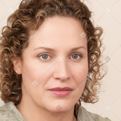 Joyful white young-adult female with medium  brown hair and green eyes