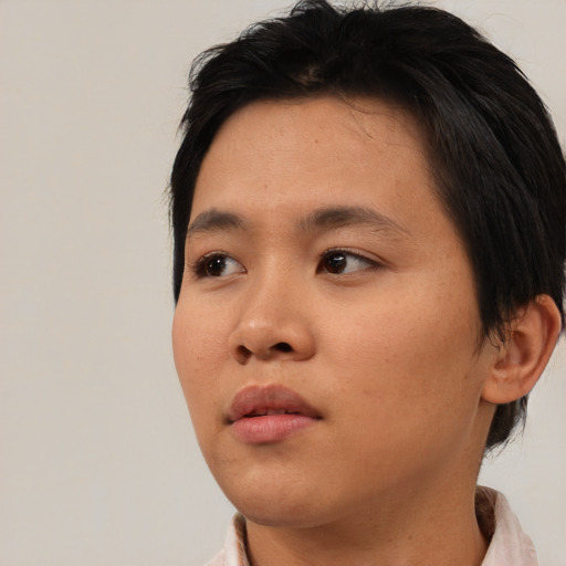 Neutral asian young-adult female with short  black hair and brown eyes