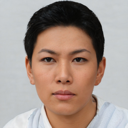 Neutral asian young-adult female with short  black hair and brown eyes