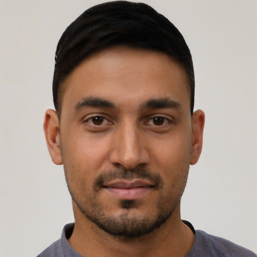 Neutral latino young-adult male with short  black hair and brown eyes
