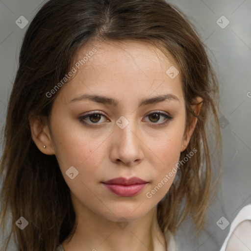 Neutral white young-adult female with medium  brown hair and brown eyes