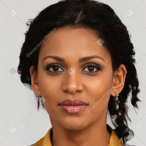 Joyful latino young-adult female with medium  black hair and brown eyes