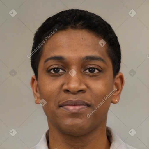 Joyful black young-adult male with short  black hair and brown eyes