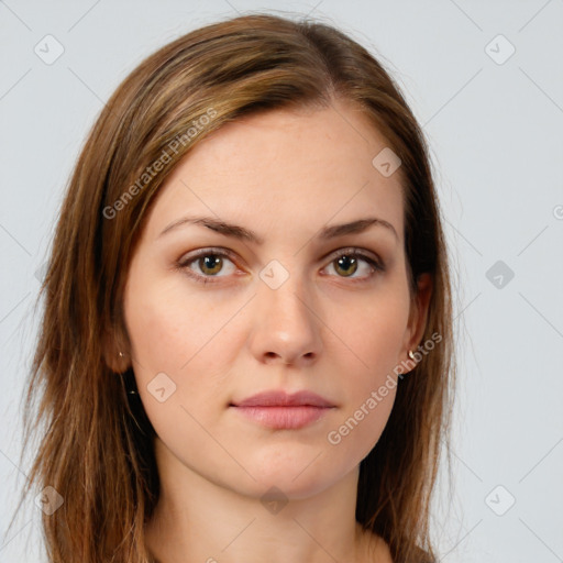 Neutral white young-adult female with long  brown hair and brown eyes