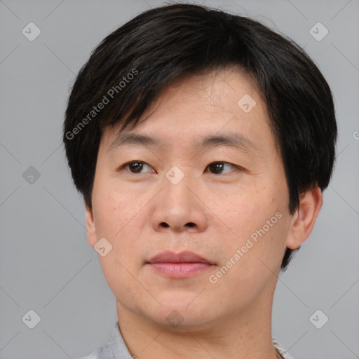 Neutral asian young-adult male with short  brown hair and brown eyes