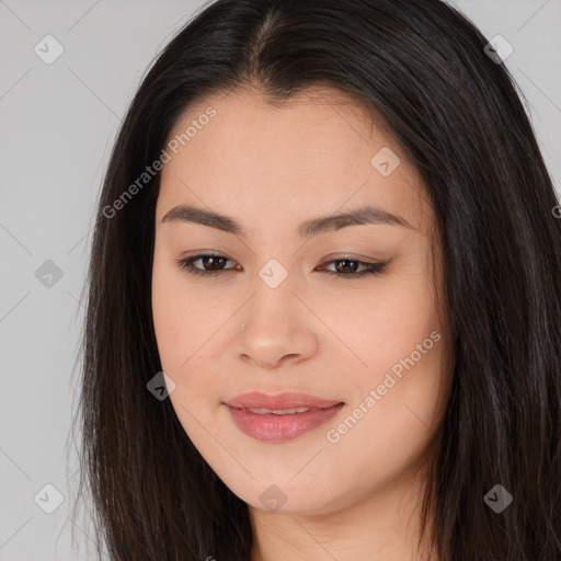 Joyful asian young-adult female with long  brown hair and brown eyes