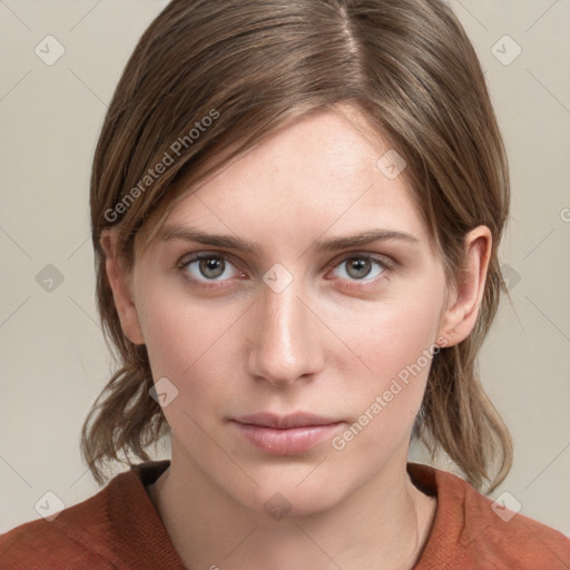 Neutral white young-adult female with medium  brown hair and grey eyes