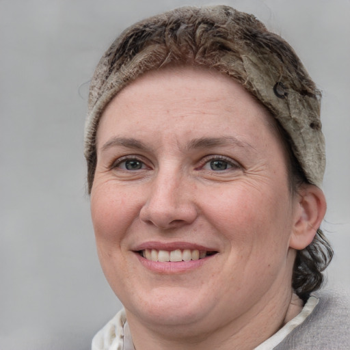 Joyful white adult female with short  brown hair and blue eyes