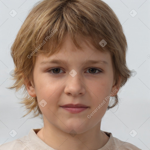 Joyful white child female with medium  brown hair and brown eyes