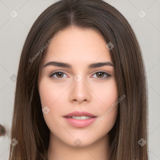 Neutral white young-adult female with long  brown hair and brown eyes