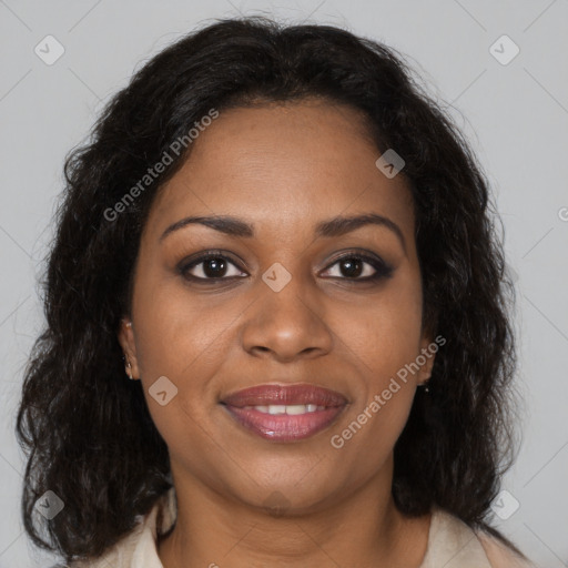 Joyful black young-adult female with medium  brown hair and brown eyes