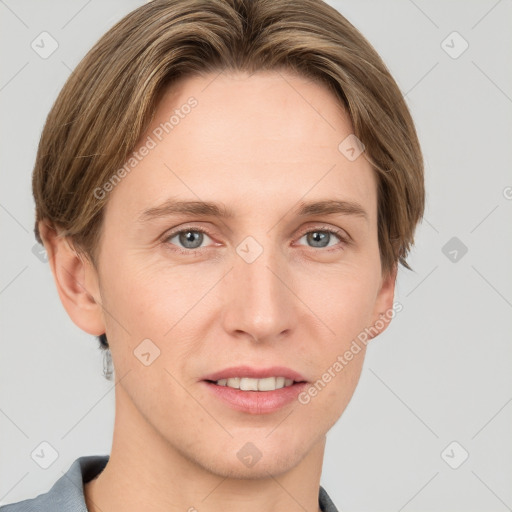 Joyful white adult female with short  brown hair and grey eyes