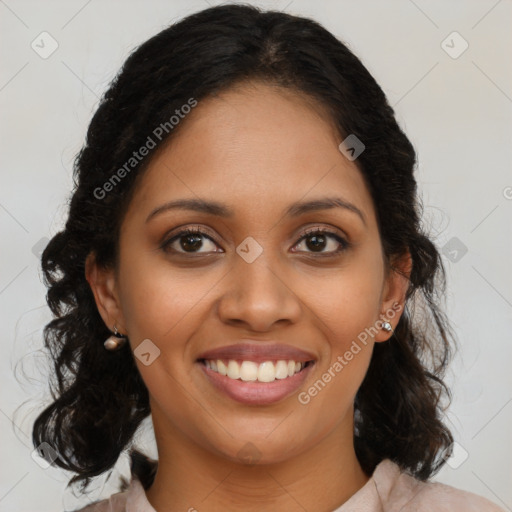 Joyful black young-adult female with medium  brown hair and brown eyes