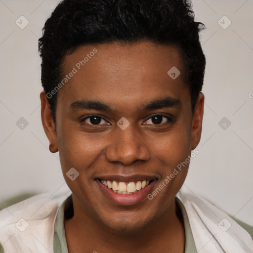 Joyful black young-adult male with short  brown hair and brown eyes