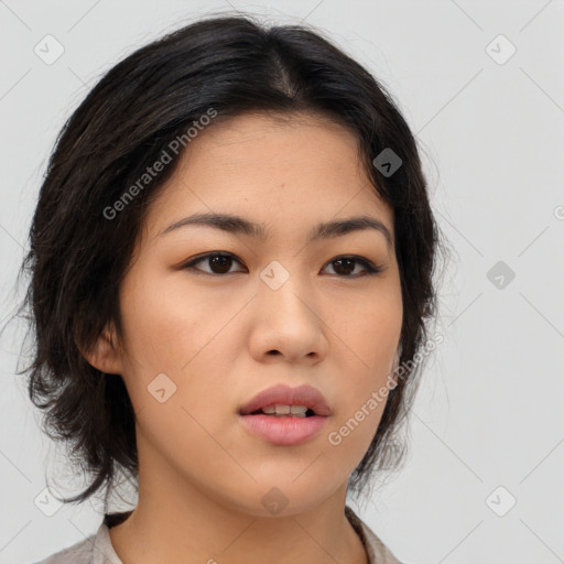 Neutral asian young-adult female with medium  brown hair and brown eyes