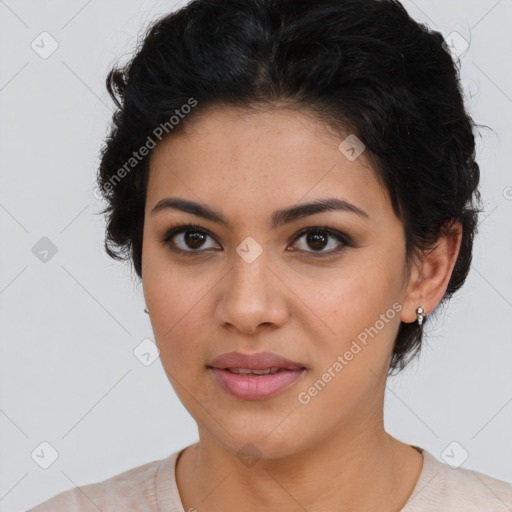 Joyful latino young-adult female with short  brown hair and brown eyes