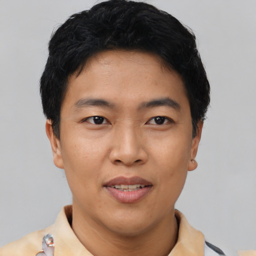 Joyful asian young-adult male with short  black hair and brown eyes