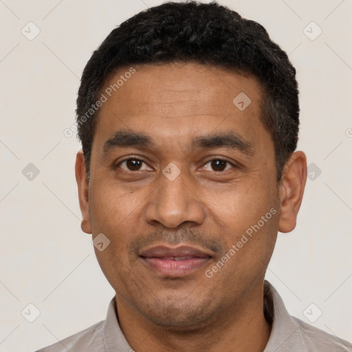 Joyful latino adult male with short  black hair and brown eyes