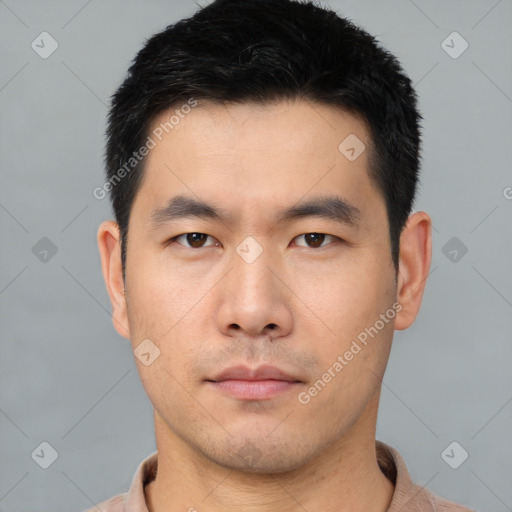 Neutral asian young-adult male with short  black hair and brown eyes