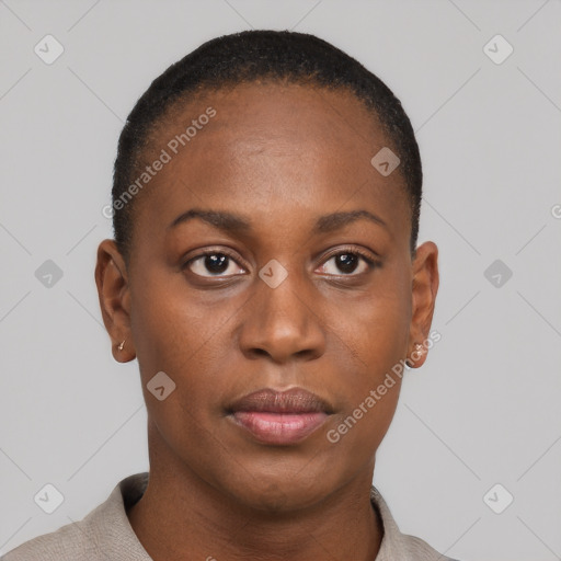 Neutral black young-adult female with short  black hair and brown eyes