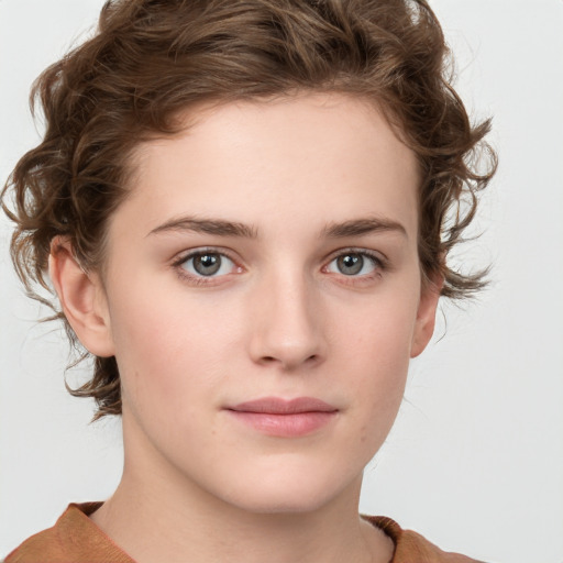 Neutral white child female with medium  brown hair and grey eyes