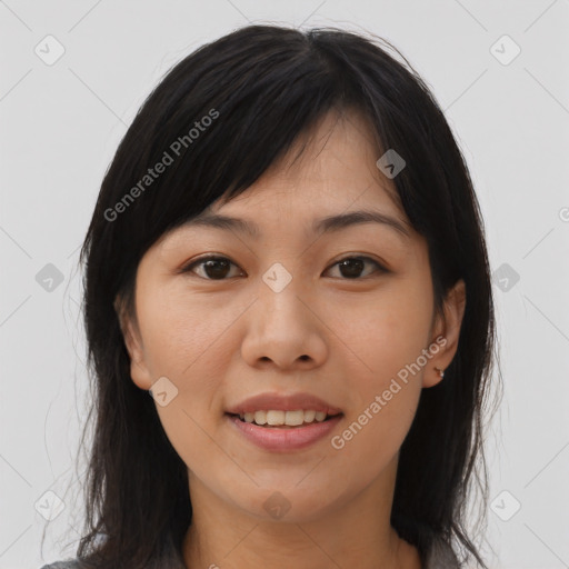 Joyful asian young-adult female with medium  brown hair and brown eyes