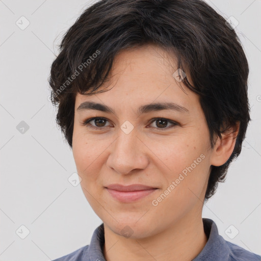 Joyful white young-adult female with medium  brown hair and brown eyes