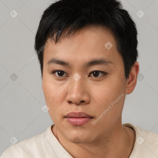 Neutral asian young-adult male with short  black hair and brown eyes