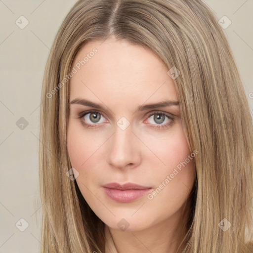 Neutral white young-adult female with long  brown hair and brown eyes