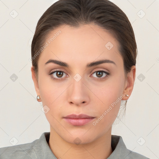 Neutral white young-adult female with short  brown hair and brown eyes