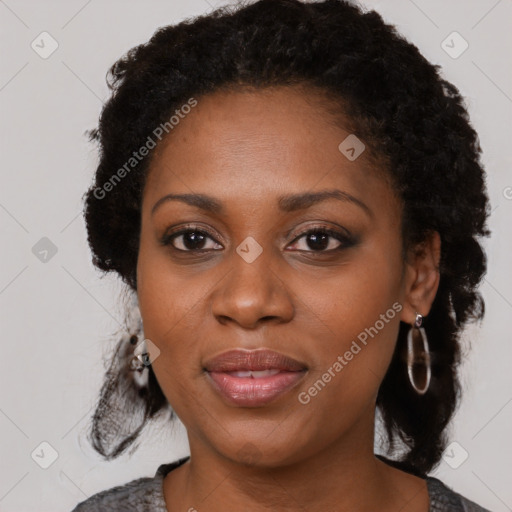 Joyful black young-adult female with medium  black hair and brown eyes