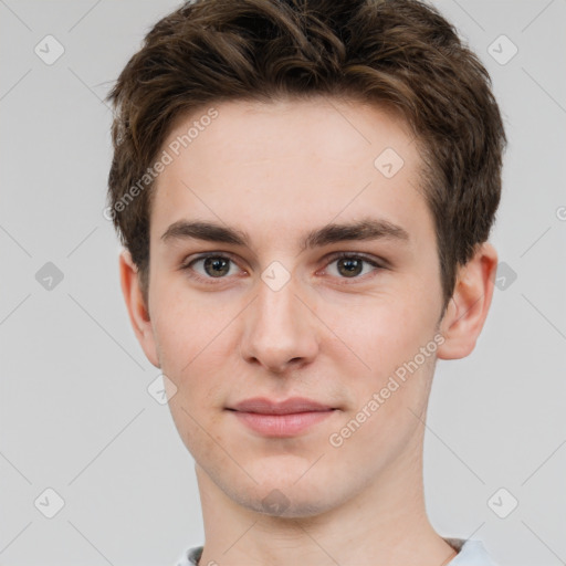 Neutral white young-adult male with short  brown hair and brown eyes