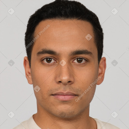 Neutral latino young-adult male with short  black hair and brown eyes