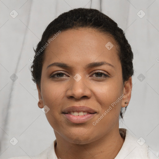 Joyful white young-adult female with short  brown hair and brown eyes