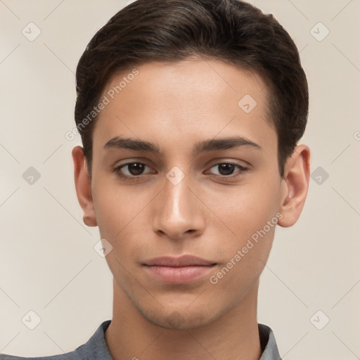 Neutral white young-adult male with short  brown hair and brown eyes