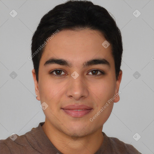 Neutral asian young-adult male with short  brown hair and brown eyes