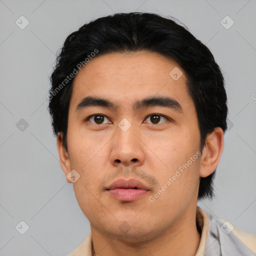 Neutral asian young-adult male with short  black hair and brown eyes